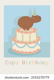 Capybara birthday card vector. "Capy birthday" funny cute illustration.