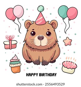 Capybara, Birthday, card, vector, isolated, simple, flat, cap, balloons, cake, candles, cupcake, stars, gifts.