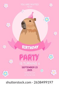 Capybara. Capybara Birthday Invitation. Pink Background