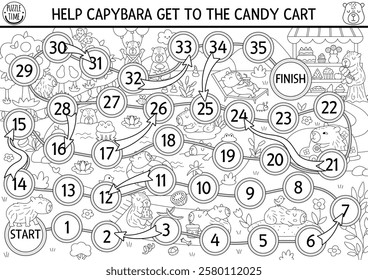 Capybara black and white dice board game with nature background. Capibara boardgame, coloring page.  Tabletop line activity, printable worksheet for kids. Help animal get to candy cart
