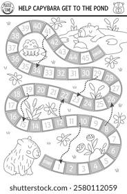 Capybara black and white dice board game with nature background. Capibara line boardgame, coloring page.  Tabletop activity, printable worksheet for kids. Help animal get to the pond
