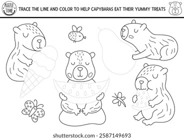 Capybara black and white drawing, writing, tracing and coloring page for kids with animals eating ice-cream, watermelon. Capibara preschool printable activity, game, handwriting practice puzzle
