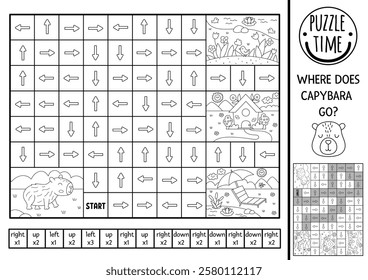 Capybara black and white logic maze for kids. Capibara preschool printable activity, coloring page. Labyrinth game or puzzle with left, right, up, down concept, cute animal. Follow the arrow
