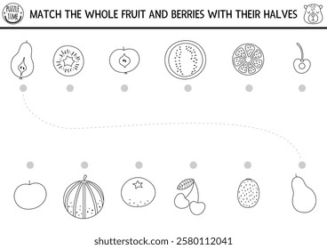 Capybara black and white matching activity with whole fruit, berry, halves. Capibara food puzzle with apple, pear, orange. Match objects game, coloring page. Healthy eating printable worksheet
