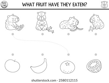 Capybara black and white matching activity with cute animals and fruit waste. Capibara puzzle, coloring page with apple, banana, orange. Match objects game. Feed the animals printable worksheet
