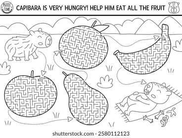 Capybara black and white maze for kids geometrical fruits. Hungry capibara preschool printable activity with nature landscape. Labyrinth game, coloring page, puzzle with cute animal eating tangerine
