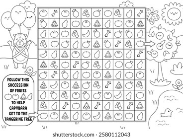 Capybara black and white maze, seek and find game with apple. Capibara printable activity for kid. Logical searching puzzle, coloring page. Follow fruit succession to help animal get to tangerine tree