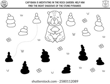 Capybara black and white shadow matching activity with stone pyramids. Capibara shape recognition puzzle, coloring page with meditating animal. Find correct silhouette printable worksheet, game
