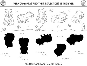 Capybara black and white shadow matching activity with animals looking for reflections in water. Capibara shape recognition puzzle, coloring page. Find correct silhouette worksheet, game
