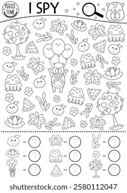 Capybara black and white I spy game for kids. Searching and counting activity with cute animals. Capibara printable worksheet, coloring page. Puzzle with frog, tangerine, water lily, reed
