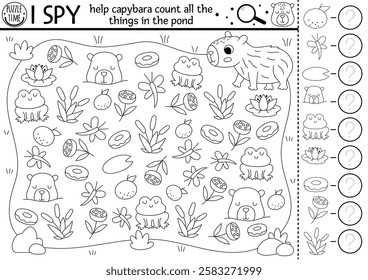 Capybara black and white I spy game for kids. Searching and counting line activity with cute animals in pond or lake. Capibara printable worksheet for preschool children. Spotting puzzle with frog
