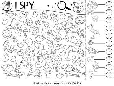 Capybara black and white I spy game for kids. Searching and counting line activity with cute relaxing animals on holiday. Capibara summer printable worksheet, coloring page. Spotting puzzle
