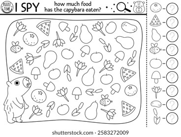 Capybara black and white I spy game for kids. Searching and counting line activity with cute animal and food he has eaten. Capibara printable worksheet, coloring page. Simple spotting puzzle
