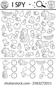 Capybara black and white I spy game for kids. Searching and counting line activity with cute animals. Capibara printable worksheet, coloring page. Spotting puzzle with watermelon, bird, tangerine
