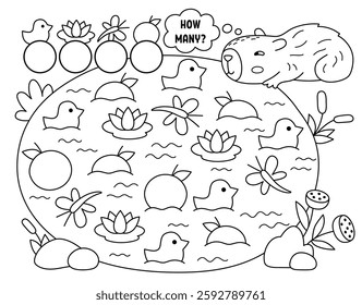 Capybara black and white I spy game for kid. Searching and counting line activity with cute animal, duck, water lily, tangerine, dragonfly in pond. Capibara printable worksheet, coloring page, puzzle
