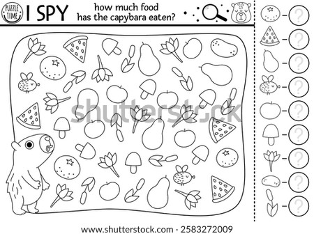 Capybara black and white I spy game for kids. Searching and counting line activity with cute animal and food he has eaten. Capibara printable worksheet, coloring page. Simple spotting puzzle
