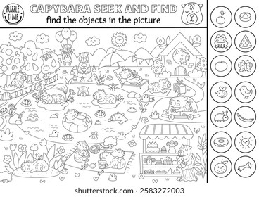 Capybara black and white vector searching game with summer village landscape. Spot hidden objects. Line capibara seek and find printable activity, coloring page for kids with frog, tangerine
