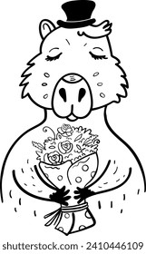 Capybara with a Bouquet of Roses Black and White Illustration for Coloring