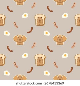 Capybara en dibujos animados de pan tan lindo. Sobre fondo de salchicha de huevo frito de tocino. Patrón de Ilustración vectorial sin fisuras. 