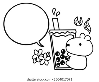 Capybara with bubble tea for mascot coloring pages style.
