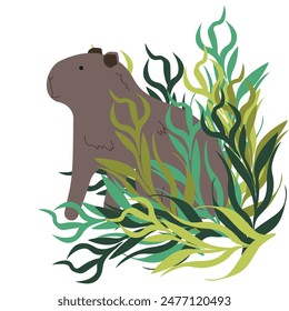 Capybara in the bushes isolated white background. Simple hand drawn Capybara in trendy Naive children Minimalism style. Minimal vector illustration can used t-shirt print, fabric and cloth decor. 