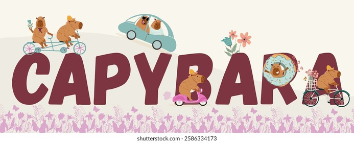 Capybara, capibara, capy text, cute funny adorable pet, animal. Flyer, invitation, sticker, banner. Vector illustration.