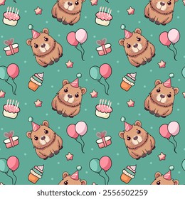 Capybara, Capy Birthday, Seamless pattern, vector, cap, balloons, cake, candles, cupcake, stars, gifts.