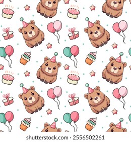 Capybara, Capy Birthday, Seamless pattern, vector, cap, balloons, cake, candles, cupcake, stars, gifts.