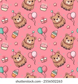 Capybara, Capy Birthday, Seamless pattern, vector, cap, balloons, cake, candles, cupcake, stars, gifts.