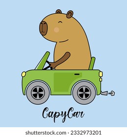 Capybara in a car, greeting card, isolated on blue background.
 Funny cute driver