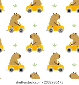 Capybara in a car seamless pattern, funny cute driver