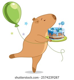 capybara carries cake, capybara wishes happy birthday, children's party, balloon, capybara sticker, sweets, children, joy, february 14, march 8, birth of a boy