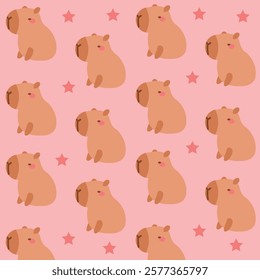 Capybara cartoon characters pattern. Cute kawaii capybaras on pink background