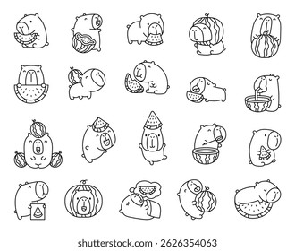 Capybara personagens de desenhos animados com fruta de melancia em bonito estilo kawaii comer beber dormindo posando para ilustrações de comida de verão