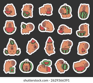 Capybara cartoon characters with watermelon fruit in cute kawaii style eating drinking sleeping posing for summer food illustrations