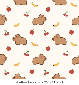 Capybara desenho animado tão fofo. Sobre fundo de banana de cereja de maçã. Ilustração de vetor uniforme de padrão.  