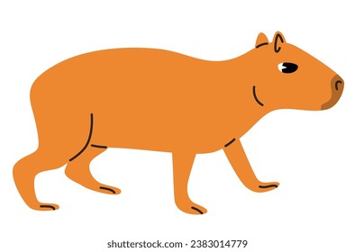 Capybara cartoon illustration isolated on white background. Cute capybara walks. South American animal sticker. Vector flat illustration isolated on white background.