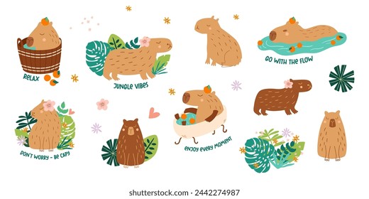 Conjunto de dibujos animados Capybara. Lindo capibara animal nadando, tomando baño con mandarinas, enmarcadas hojas de la selva. Colección vectorial divertida de frases positivas, pegatinas, logotipo, elementos aislados en estilo infantil.