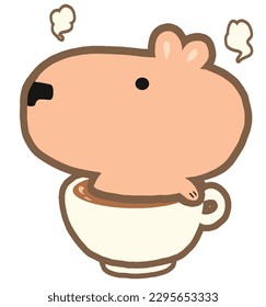 Capybara cartoon style on the cup of coffee