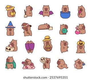 Capybara celebrates Halloween. All saints day party. Hand drawn style. Vector drawing. Collection of design elements.