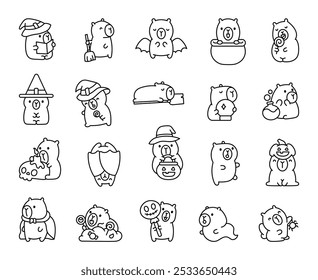 Capybara celebrates Halloween. Coloring Page. All saints day party. Hand drawn style. Vector drawing. Collection of design elements.