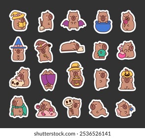 Capybara celebrates Halloween. Sticker Bookmark. All saints day party. Hand drawn style. Vector drawing. Collection of design elements.