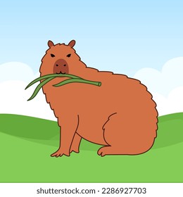 Capybara character eating grass. Cute animal in cartoon style. Illustration for social media post, design, postcard, poster.