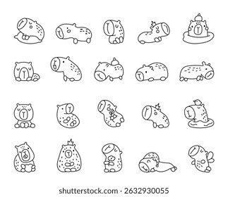 Capybara personagem esboço linha arte conjunto com várias poses encantadoras, incluindo descanso, sentado, dormir, segurando, flutuando, banho e sonhar para o seu ilustração e projetos de desenhos criativos