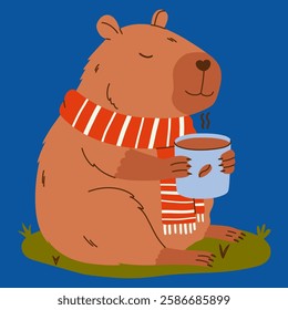 Capybara character. Rodent with scarf holds cup of coffee. Hand drawn vector illustration