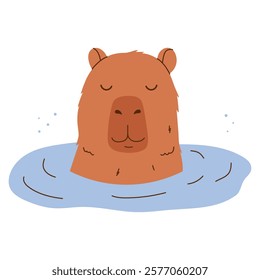 Capybara character. Rodent character swimming in water. Hand drawn vector illustration