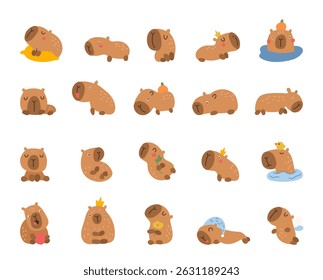 Capybara personagem escandinavo conjunto com várias poses encantadoras, incluindo descansar, sentar, dormir, segurar, flutuar, tomar banho e sonhar para o seu ilustração e projetos de designs criativos