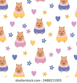 Сute capybara character seamless pattern . Vector illustration.