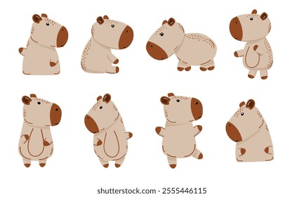 Capybara character set. Capybaras in different poses, with a raised paw, standing, jumping, standing. Vector illustration