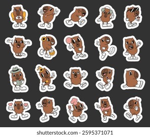 Capybara character set showcasing a variety of emotions, fun expressions, stylish accessories, and adorable poses in a groovy cartoon style perfect for yours creative projects
